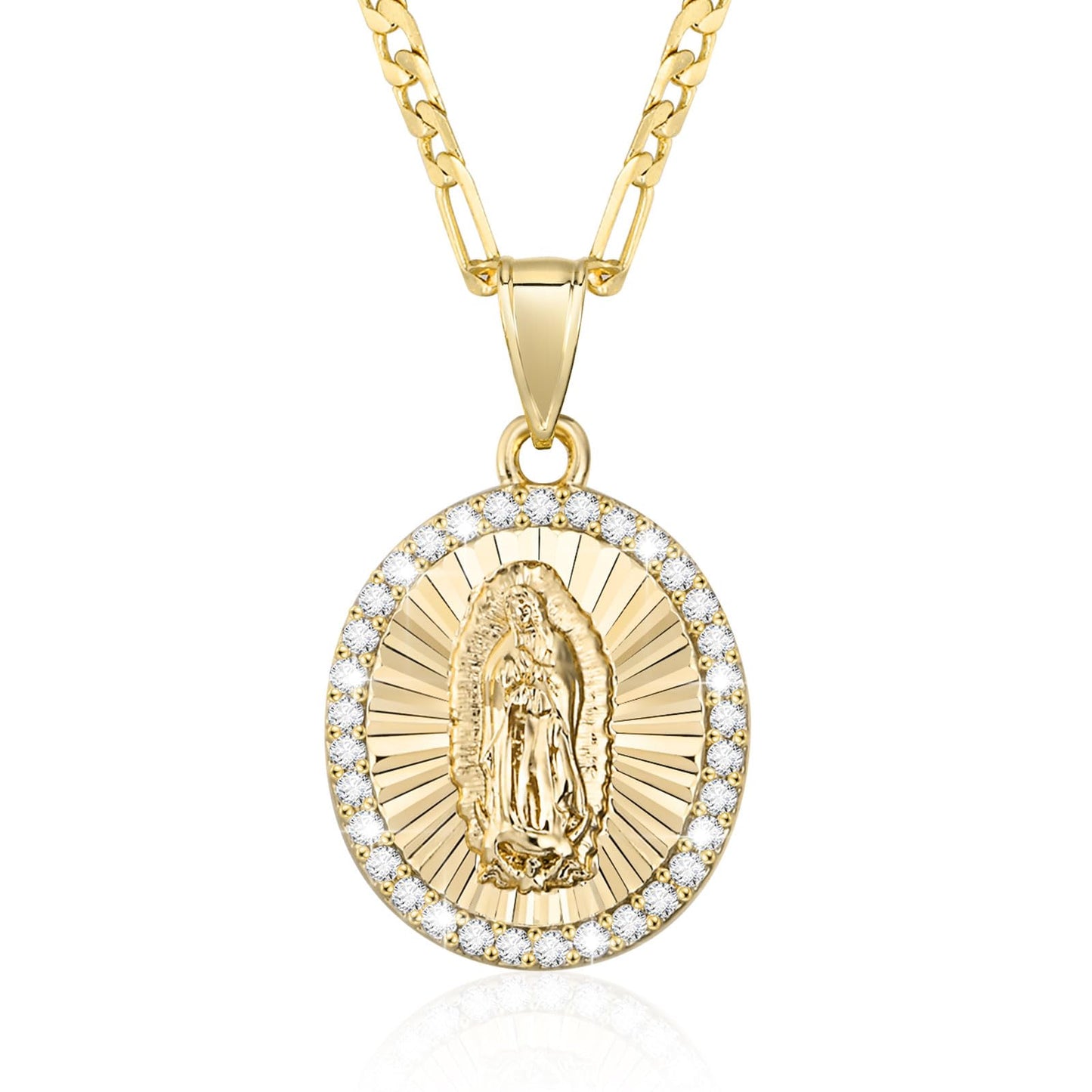 Hisatan 14k Gold Plated Guadalupe Virgin Mary Pendant Necklace for Women Cubic Zirconia Mother Mary Catholic Necklace Virgen de Guadalupe Charm Pendant Lady of Guadalupe Jewelry 18"+2" Chain